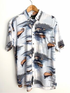 RedHead 1856 White Blue Cotton Scenic Cabin Print Short Sleeve Shirt M